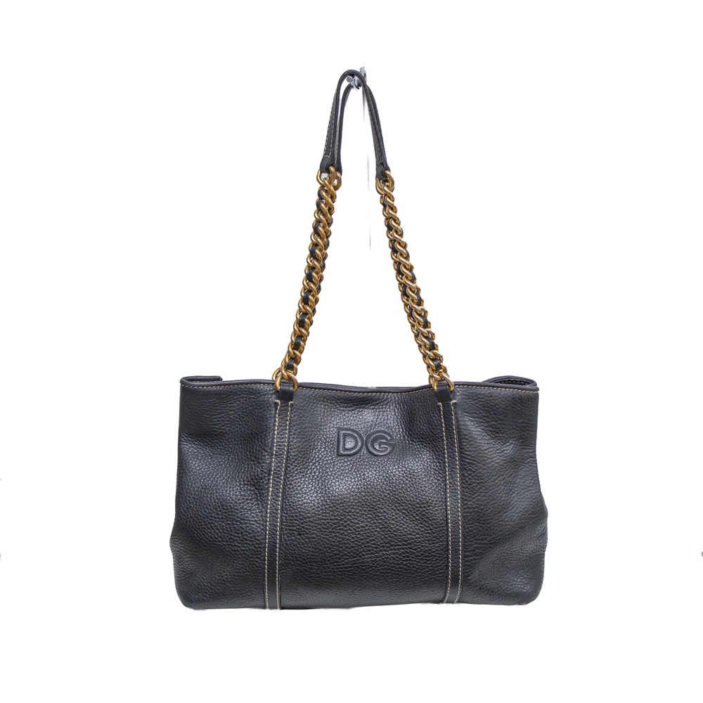 Dolce & Gabbana Black Pebbled Leather Chain Shoulder Tote Bag DG Leopard